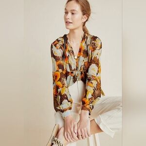 Anthropologie Sunflower Sheer Blouse - Orange and Brown